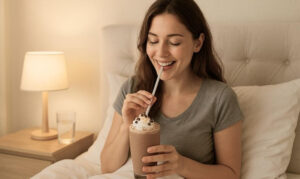A woman enjoying a smoothie before bed