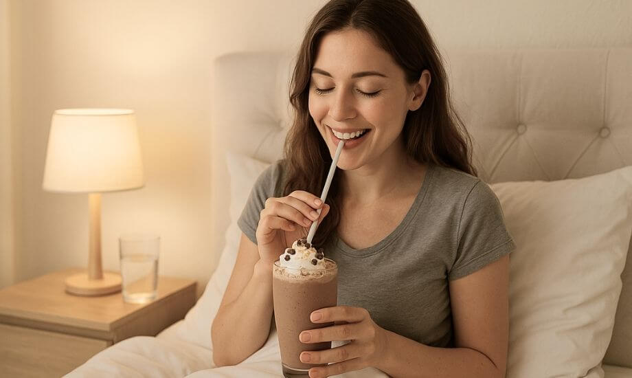 A woman enjoying a smoothie before bed